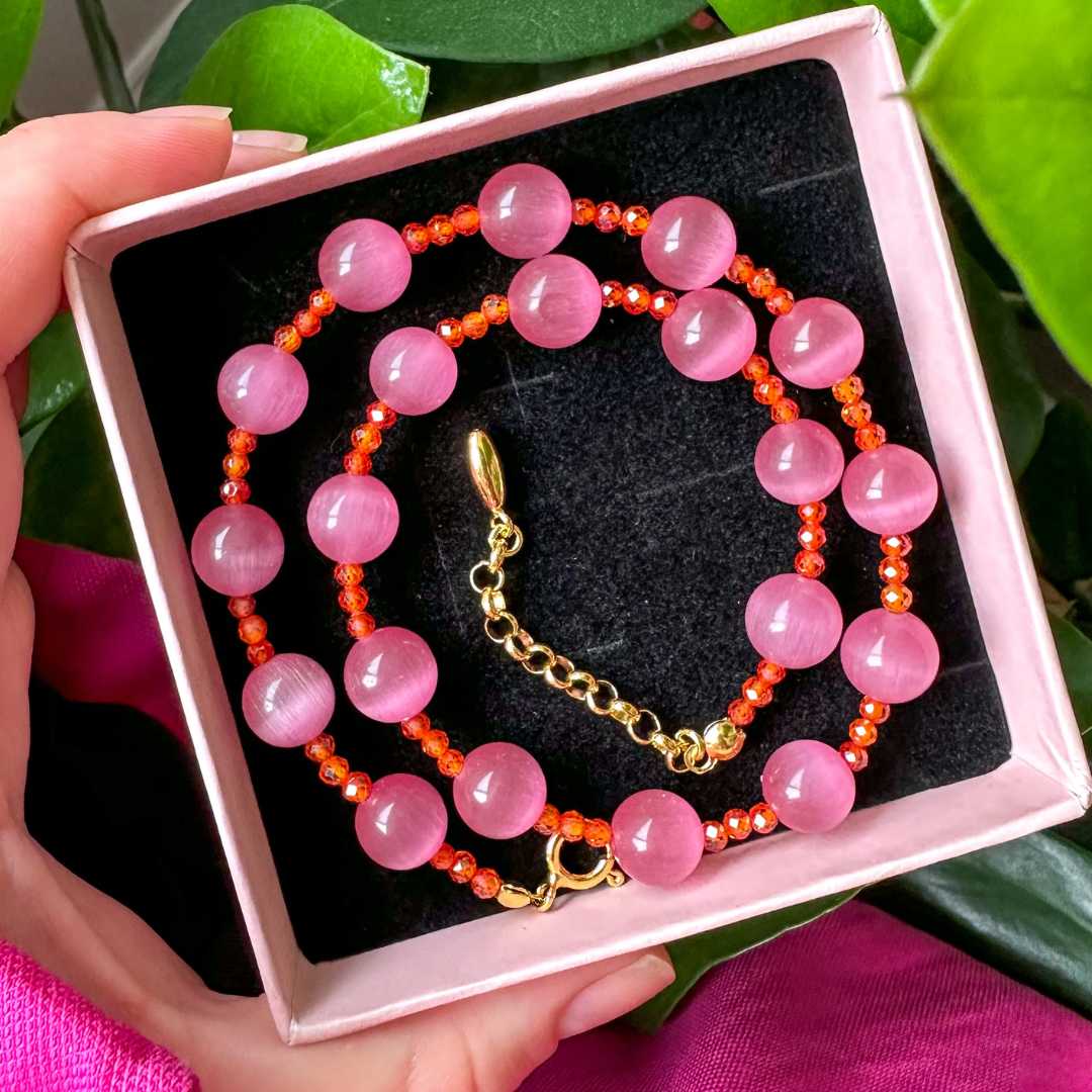 PARADISE NECKLACE close-up showing zircon crystal and cat eye ulexite bead details, moné London