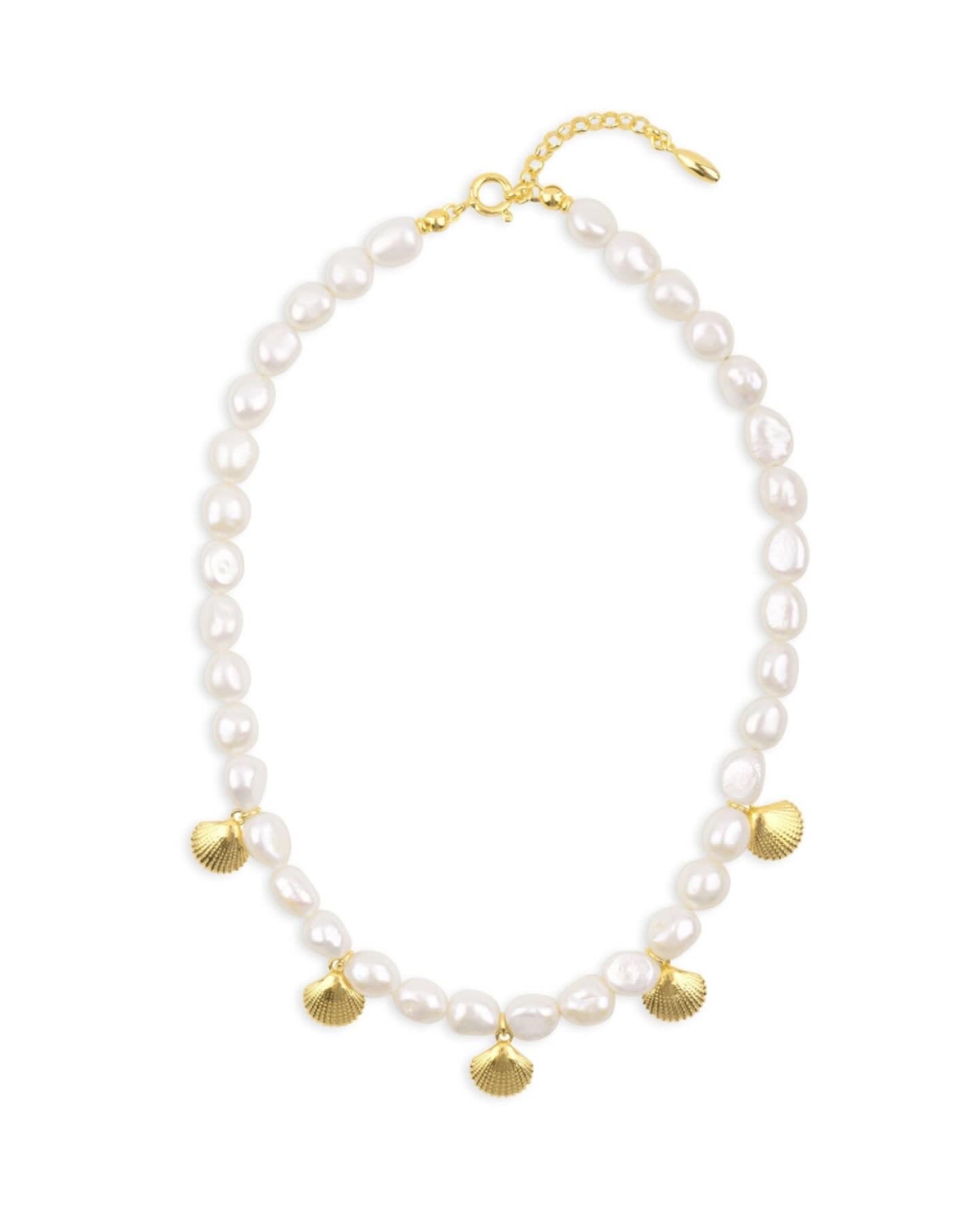 SHELLY NECKLACE freshwater pearls with gold shell charms, 925 sterling silver