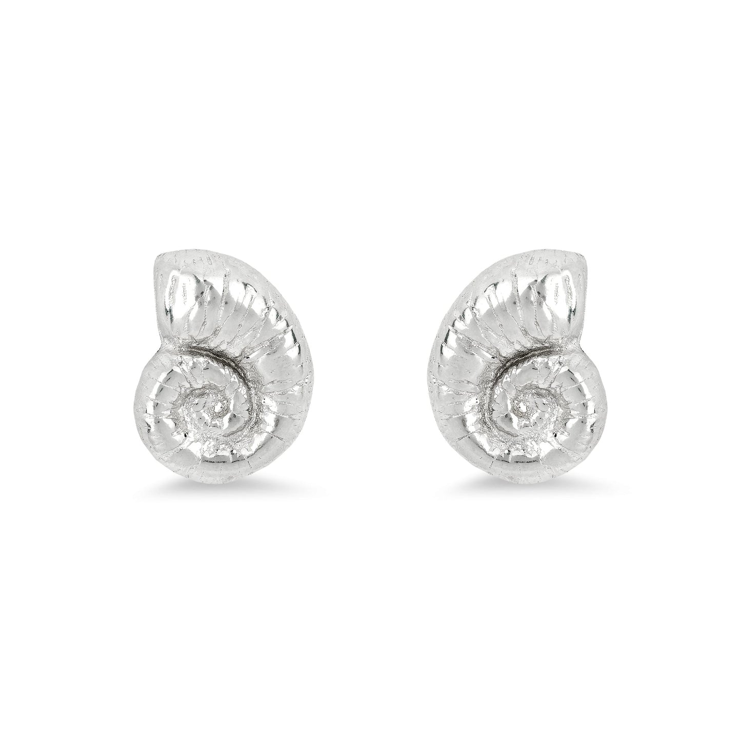 SPIRAL SHELL EARRINGS rhodium-plated sterling silver studs, ocean-inspired spiral design