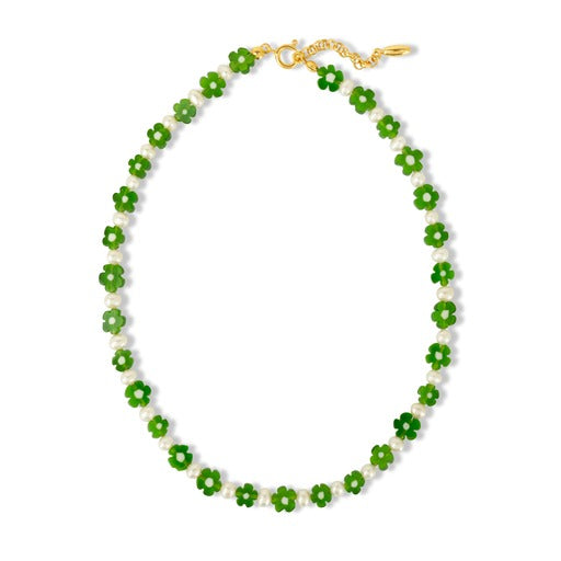 BLOOM NECKLACE - Freshwater Pearls & Green Millefiori Glass Flower Beads, 925 Sterling Silver, handcrafted by moné London