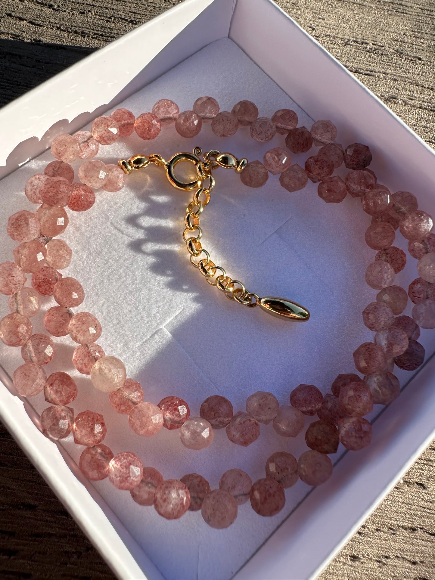 BLUSH NECKLACE - Natural Strawberry Quartz faceted beads with gold-plated clasp and extender, moné jewellery