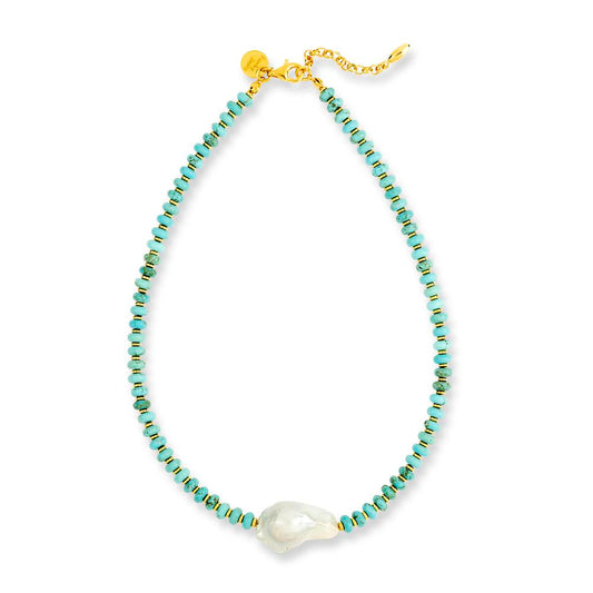 SEA SALT NECKLACE turquoise rondelles with freshwater baroque pearl, 925 sterling silver