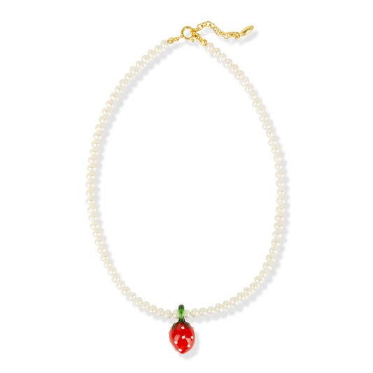 STRAWBELICIOUS NECKLACE freshwater pearls with Murano glass strawberry pendant, 925 sterling silver
