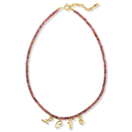 POWER OF LOVE NECKLACE rhodochrosite beads with LOVE letter charms, 925 sterling silver