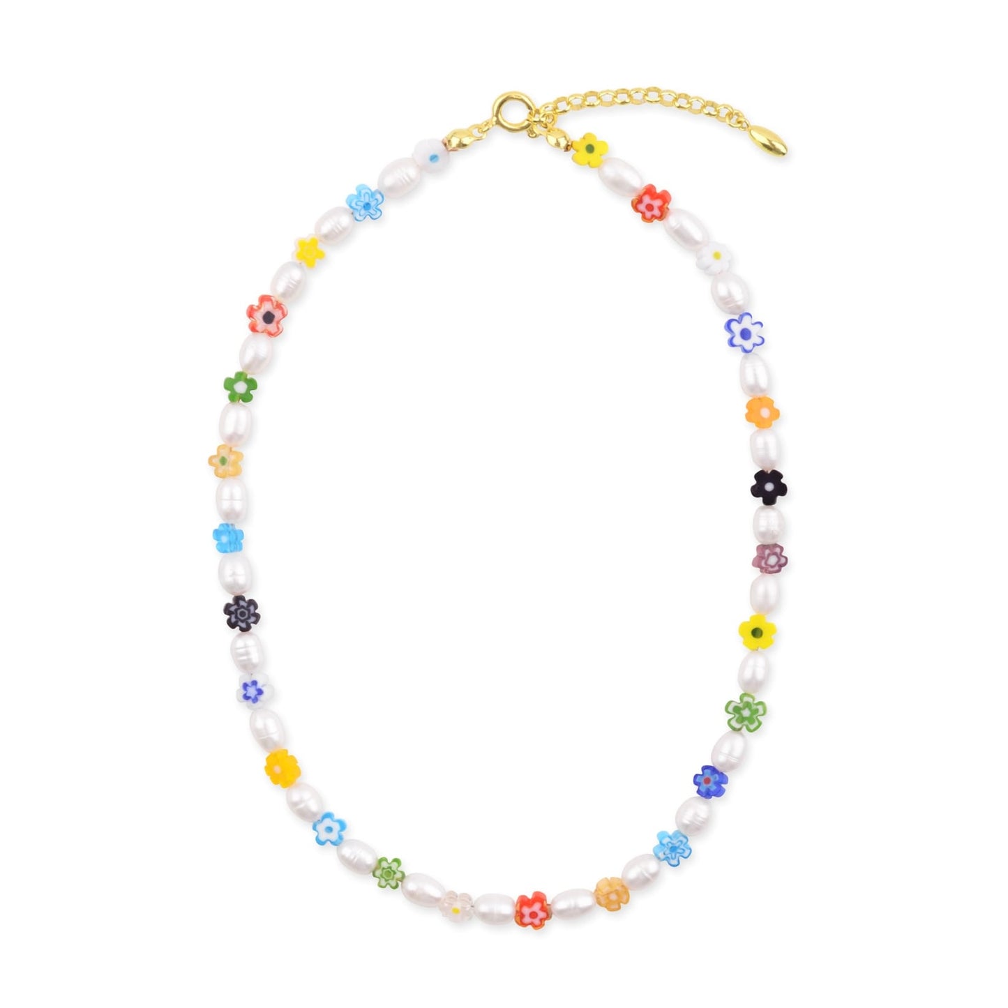 DAISY NECKLACE freshwater rice pearls with colorful millefiori glass flower beads, 925 sterling silver 