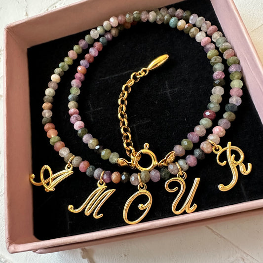 AMOUR NECKLACE tourmaline beads with AMOUR sterling silver letter charm, 925 sterling silver