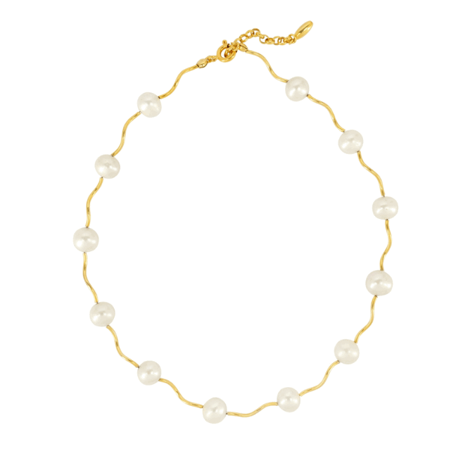 ICON NECKLACE showing both 24k gold-plated and rhodium-plated versions with 10mm freshwater pearls
