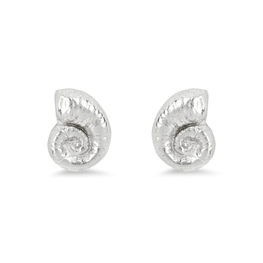 SPIRAL SHELL EARRINGS rhodium-plated sterling silver studs, ocean-inspired spiral design