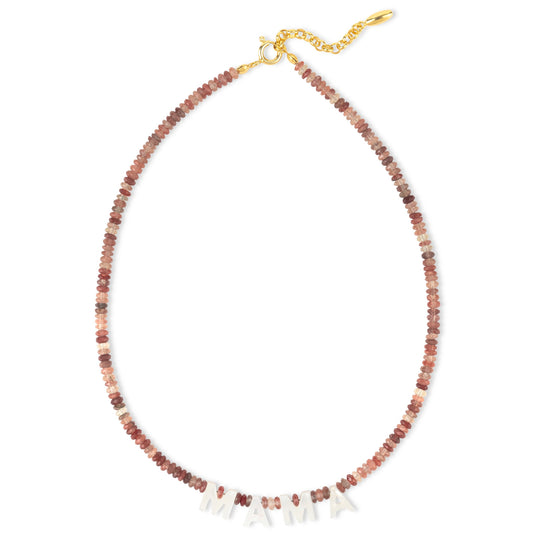 MAMA NECKLACE - red labradorite & mother of pearl letter beads, 24k gold-plated, handcrafted in London | moné
