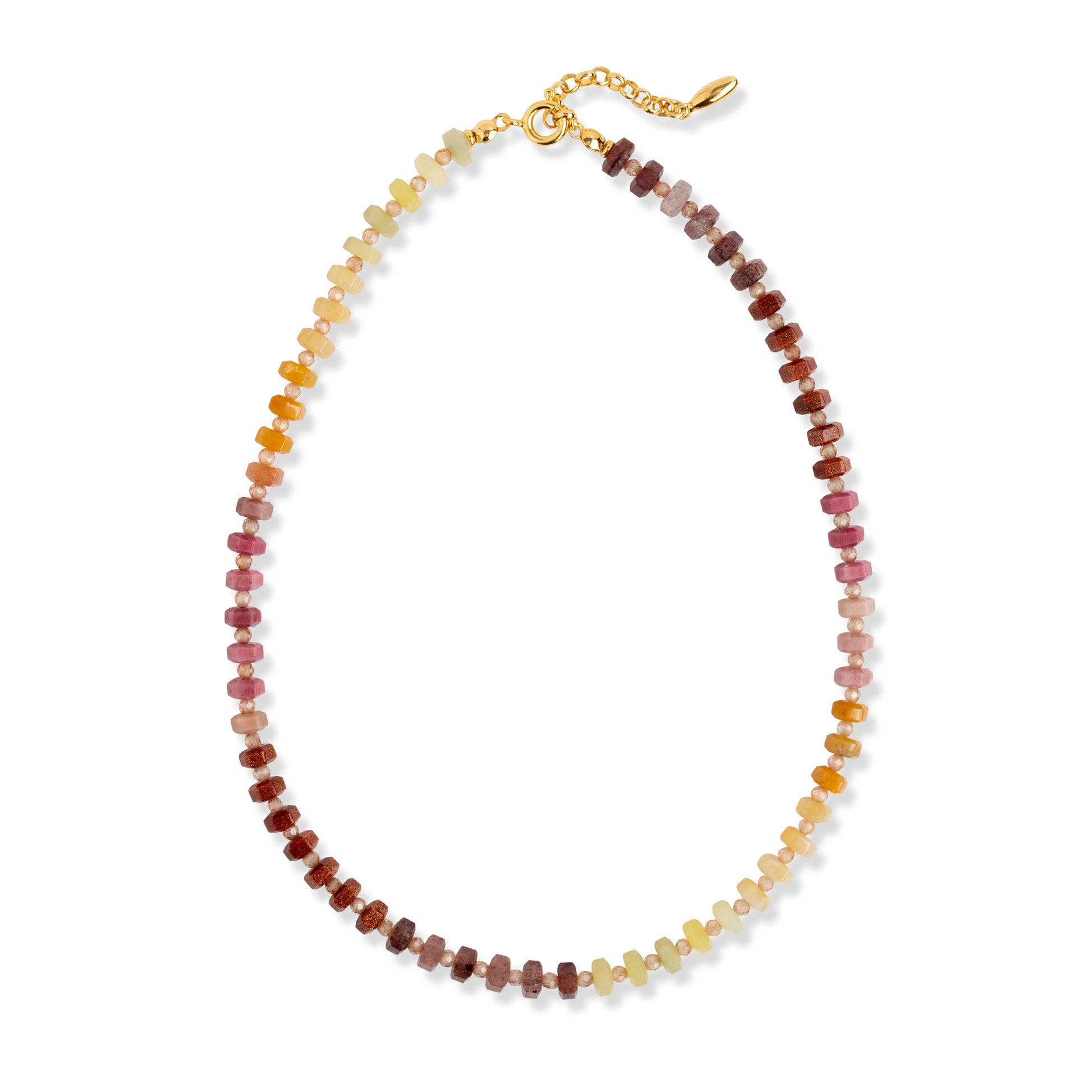 SUNSET NECKLACE - multicolour gemstone beaded necklace with lemon jade, rhodonite, strawberry quartz and zirconia accents, handcrafted in London by moné jewellery
