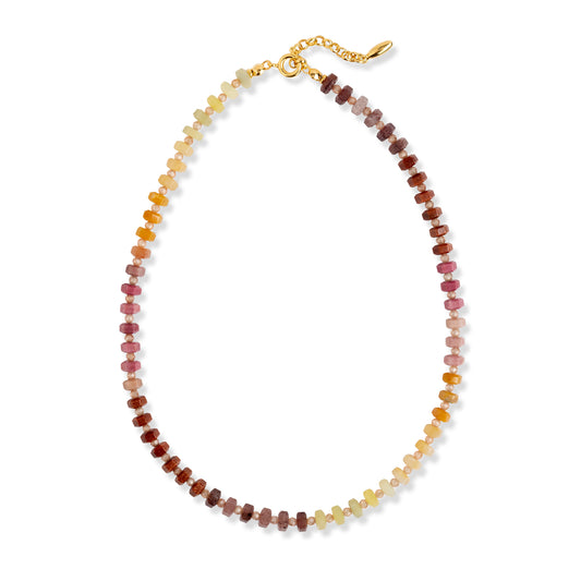 SUNSET NECKLACE - multicolour gemstone beaded necklace with lemon jade, rhodonite, strawberry quartz and zirconia accents, handcrafted in London by moné jewellery