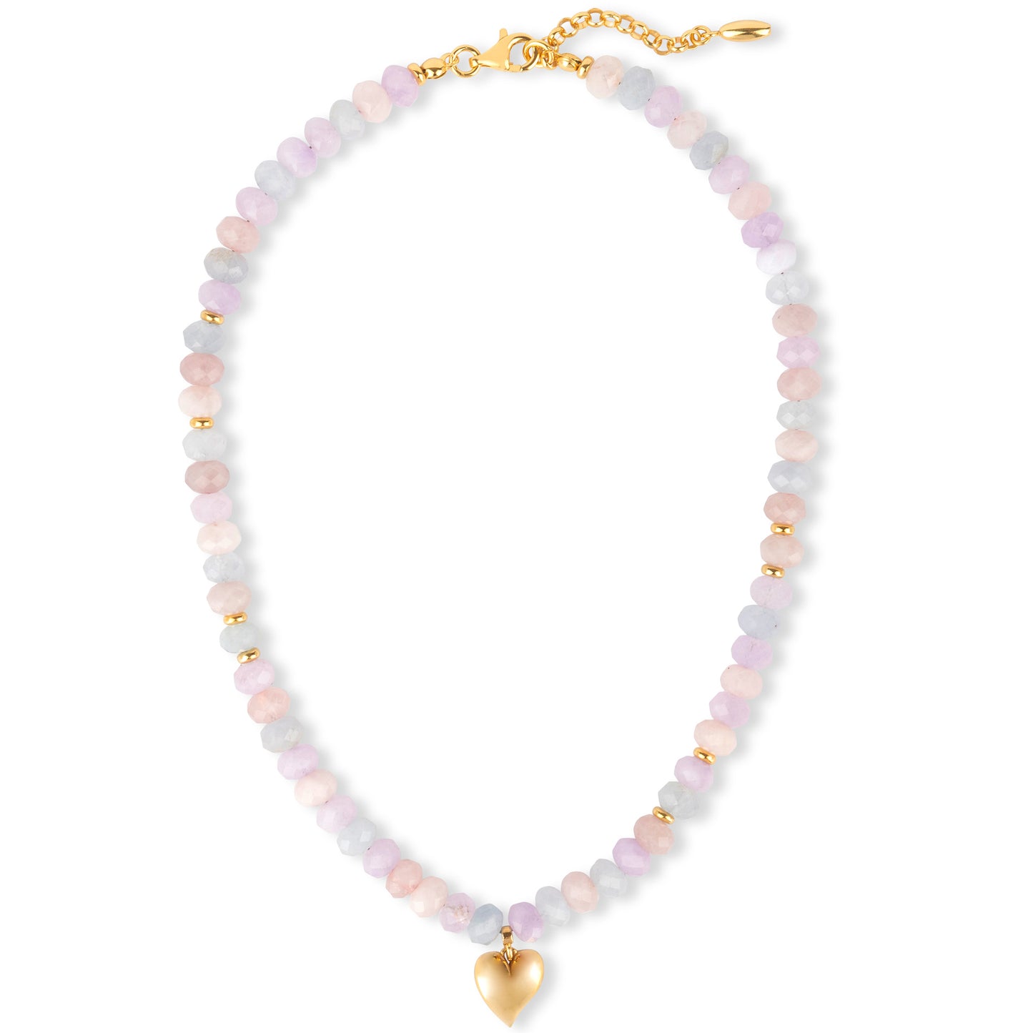 SWEETHEART NECKLACE - pastel morganite beaded necklace with gold heart charm, handcrafted in London by moné jewellery